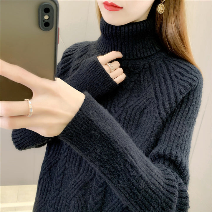 Knitted sweater for women with high collar and beautiful cable pattern Lune London