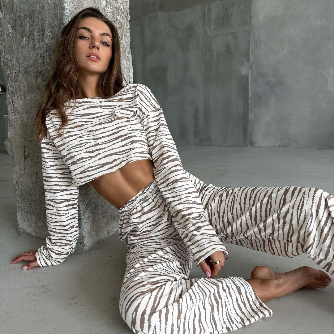 Lune London women's casual cropped top and jogger set with animal pattern