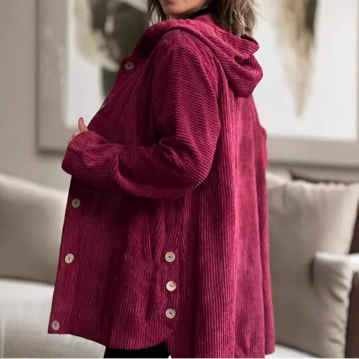 Ladies Fleece-Hoodie-Coat with button placket and ribbed design Lune London