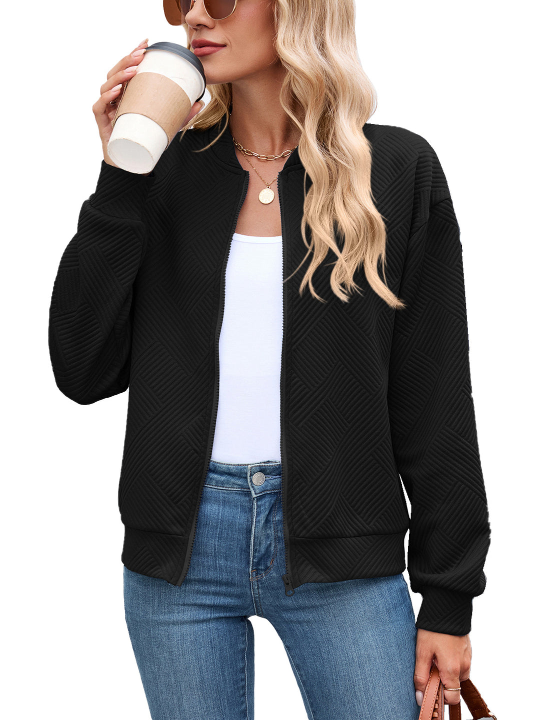 Ladies Chic and Stylish Textured Design Sporty Bomber Jacket