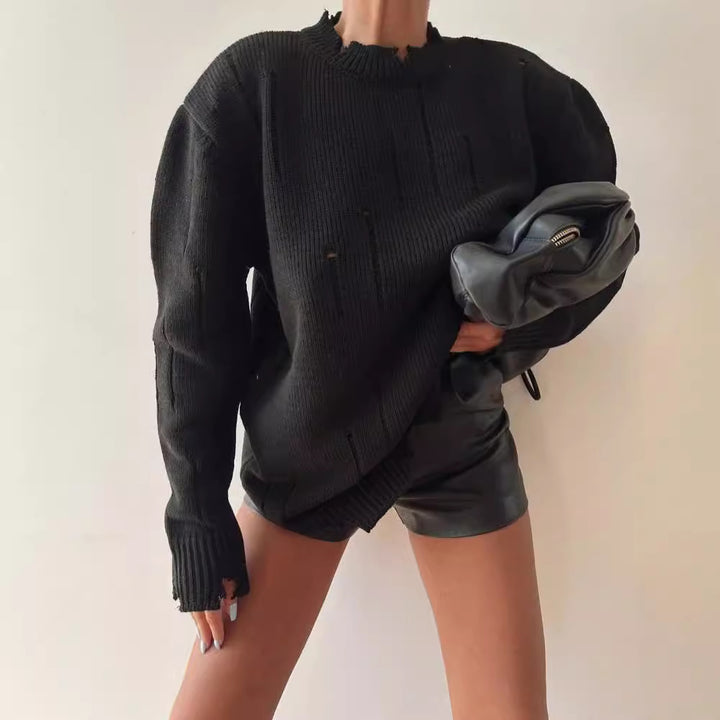 Chunky knit sweater for women with distressed details Lune London
