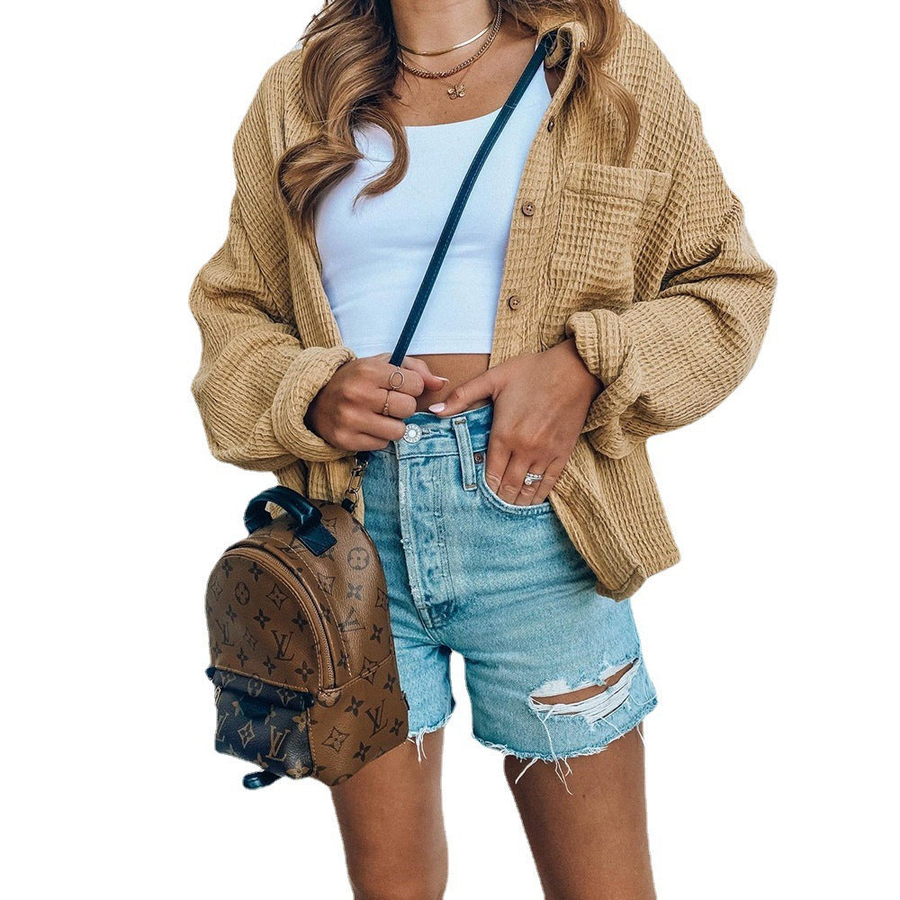 Casual overshirt jacket for women with a textured surface and trendy button details Lune London