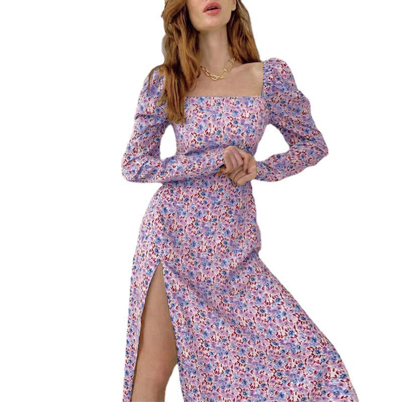Maxi flower dress for women with asymmetrical slit and puff sleeves Lune London