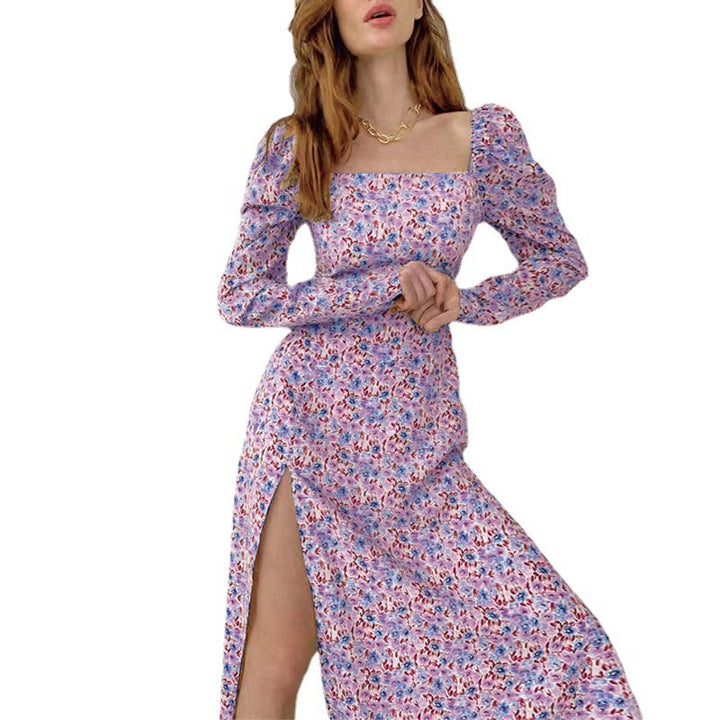 Maxi flower dress for women with asymmetrical slit and puff sleeves Lune London