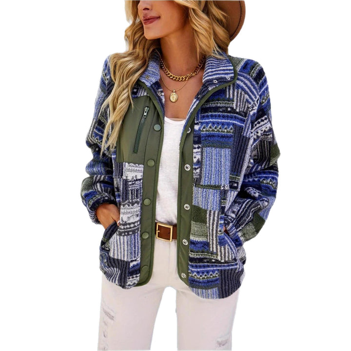 Ladies Plush Printed Jacket with High Collar and Snap Closure Lune London