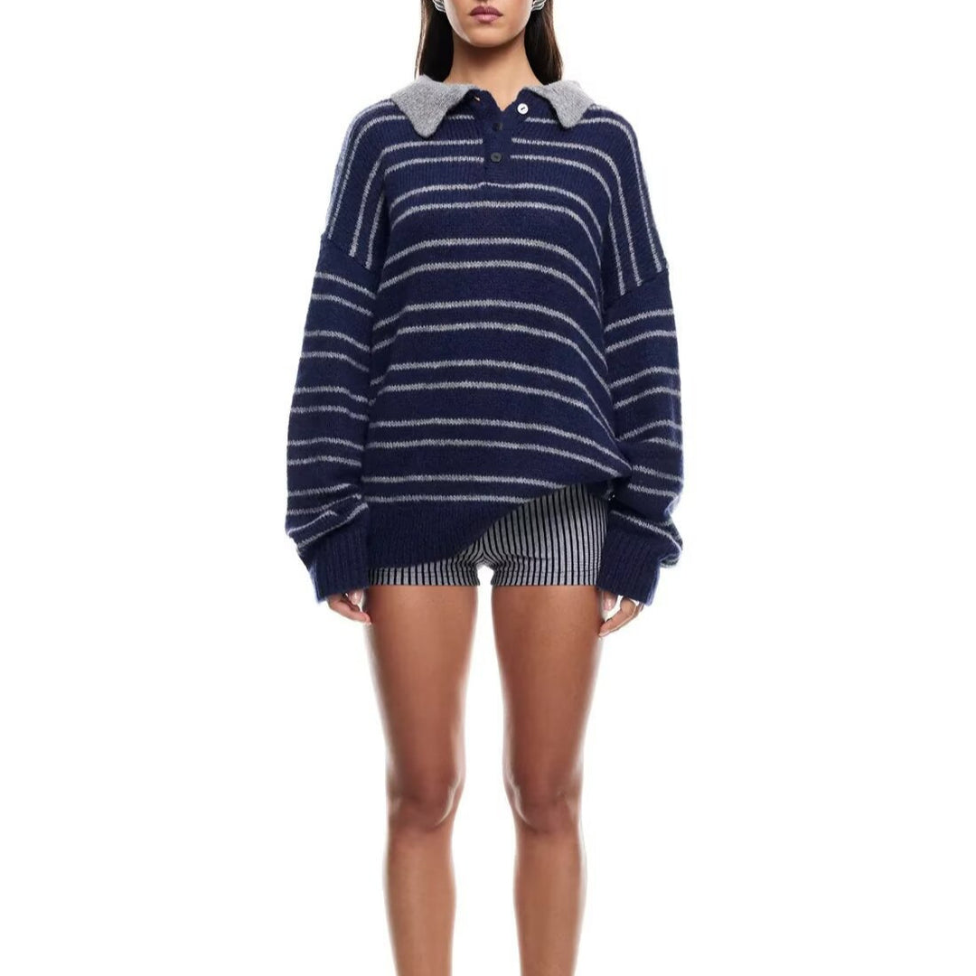 Pull décontracté pour femmes avec col contrasté et rayures modernes Chic & Stil