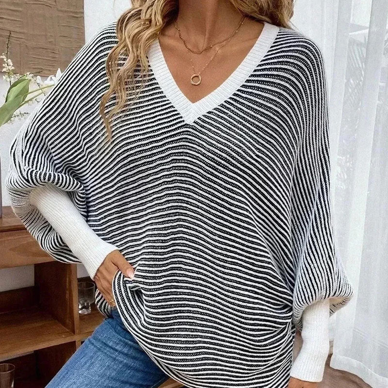 Pull en tricot pour femmes au look moderne rayé avec col en V Chic & Stil