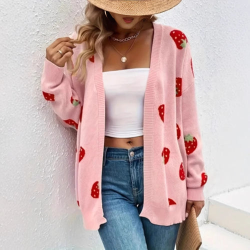 Knit jacket for women with a cheerful strawberry pattern and a soft material Lune London