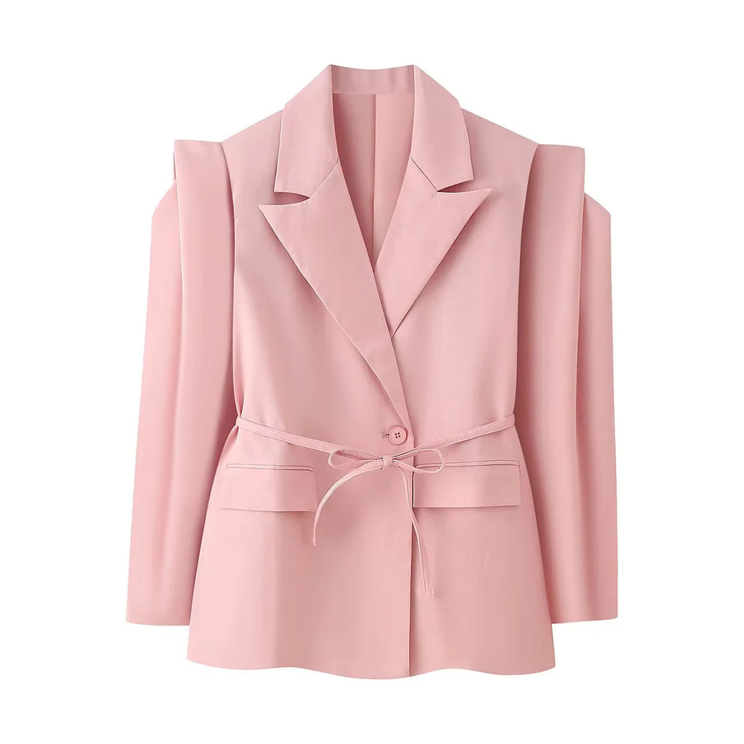 Trendy women's blazer jacket with belt and silk look Lune London