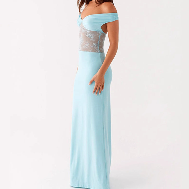 Elegant Off-Shoulder Maxi Dress with Sheer Lace Top and Fitted Elastic Hem Lune London