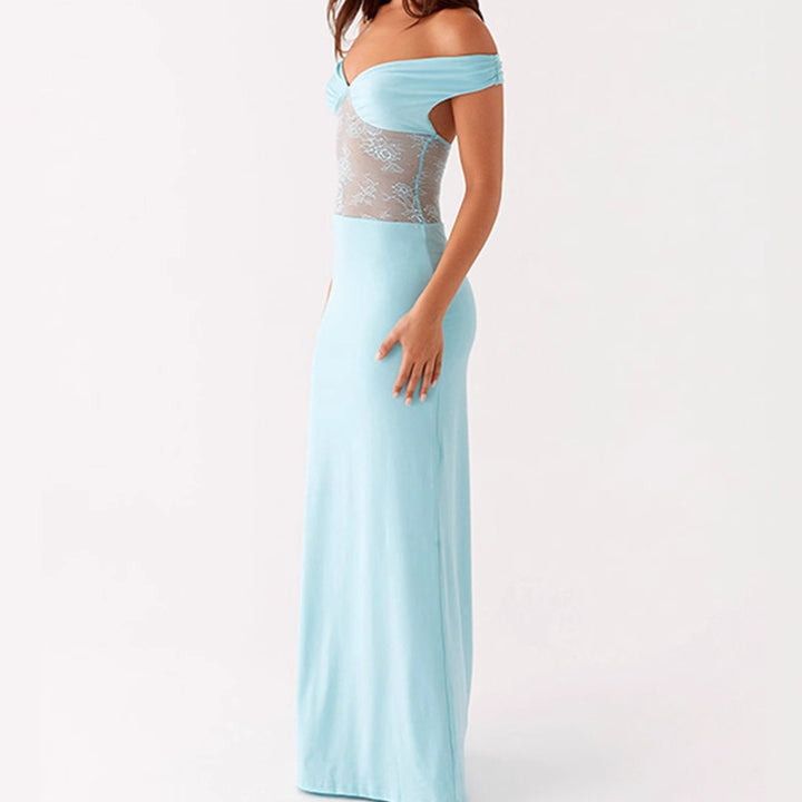 Elegant Off-Shoulder Maxi Dress with Sheer Lace Top and Fitted Elastic Hem Lune London