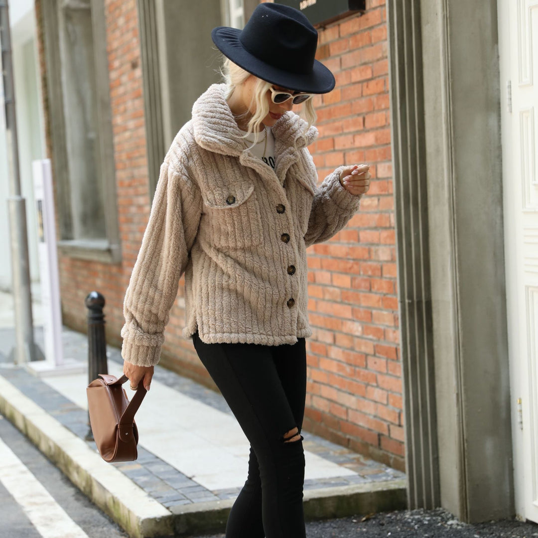 Women's plush jacket with textured fleece and modern button details Lune London
