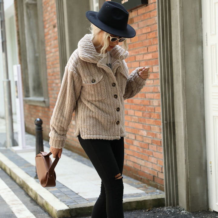 Women's plush jacket with textured fleece and modern button details Lune London