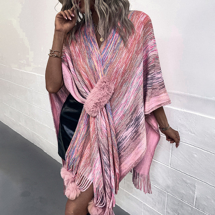 Ladies fashionable poncho with luxurious faux fur trim and creative fringes Lune London