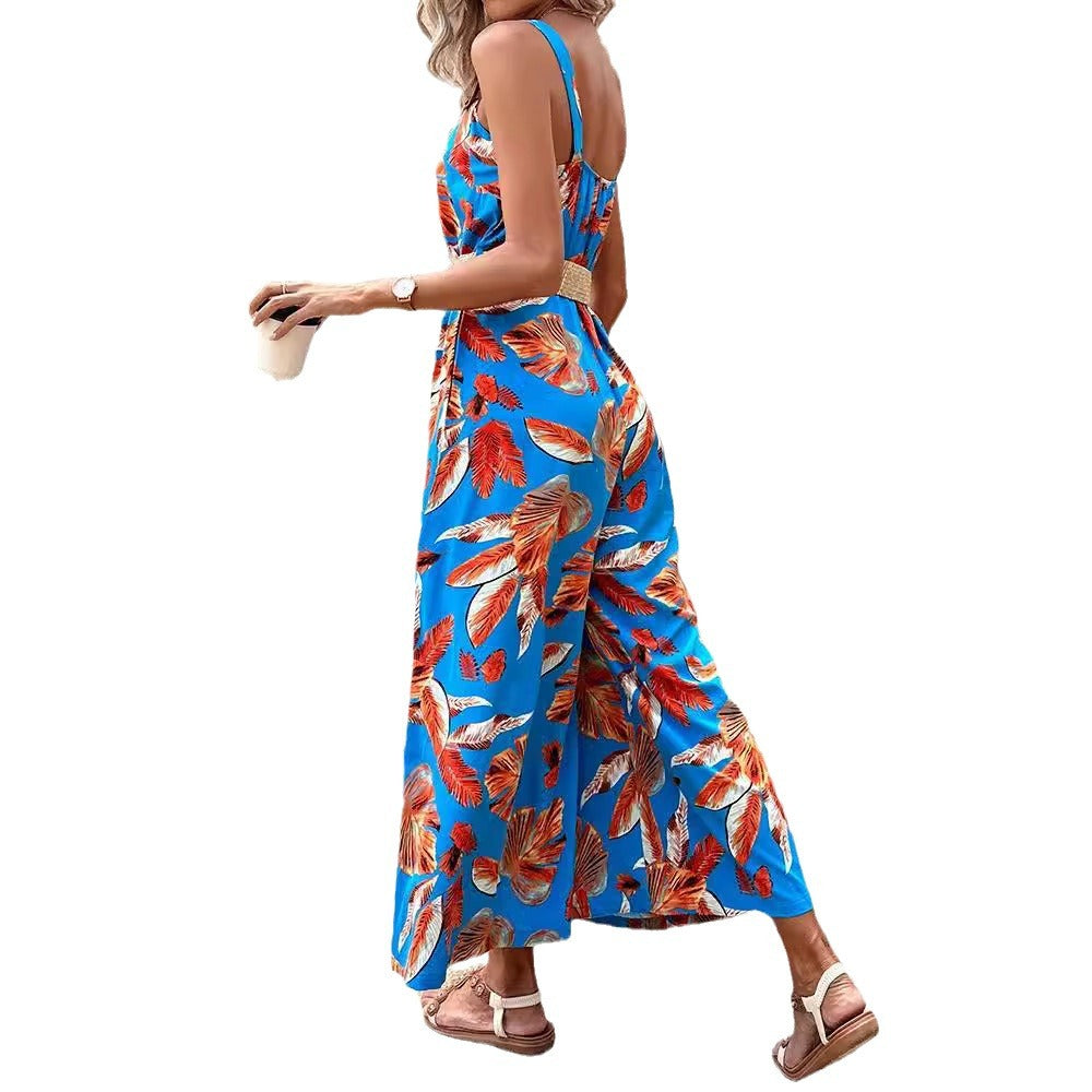 Ladies Tropical Print Wide Leg Jumpsuit Lune London