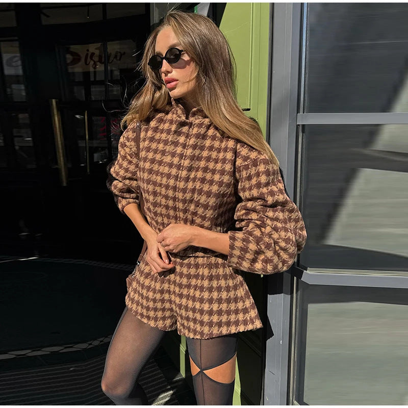 Veste de mode femme avec manches bouffantes et motif à carreaux Chic & Stil
