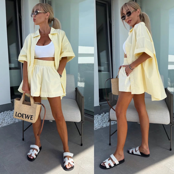 Casual short sleeve blouse and shorts set for women Lune London
