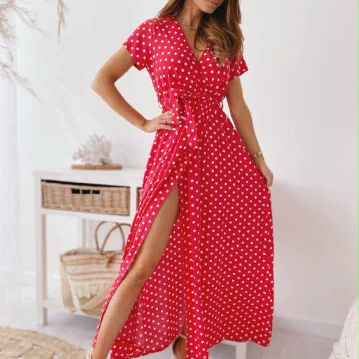 Maxi Polka Dot Dress for Women with High Slit and Chic Belt and Style