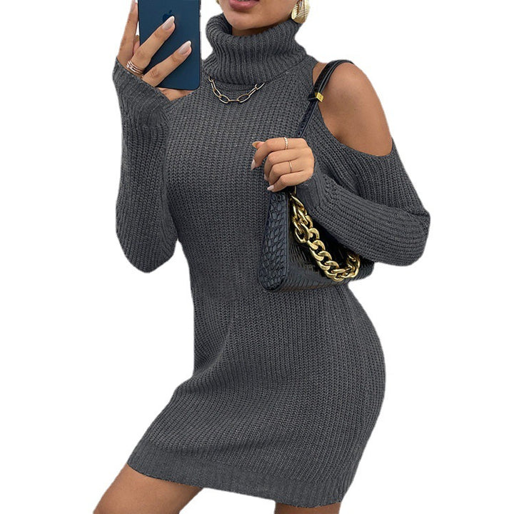 Knit dress for women with an elegant turtleneck and off-the-shoulder style Lune London