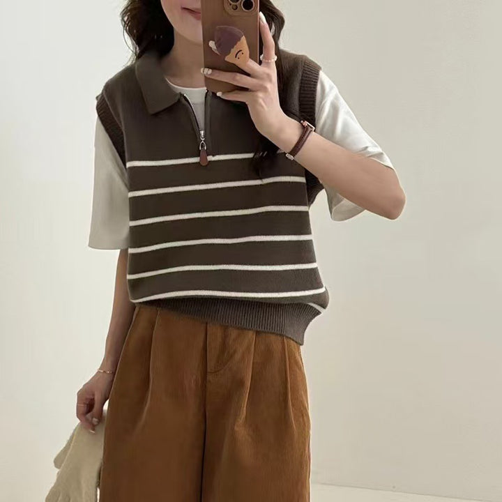Pull en tricot pour femmes avec fermeture éclair et motif rayé Chic & Stil