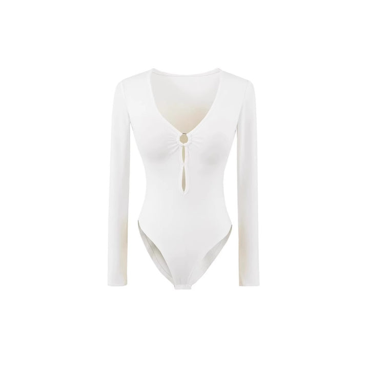 Long sleeve women's body with elegant V-neck and decorative ring detail Lune London