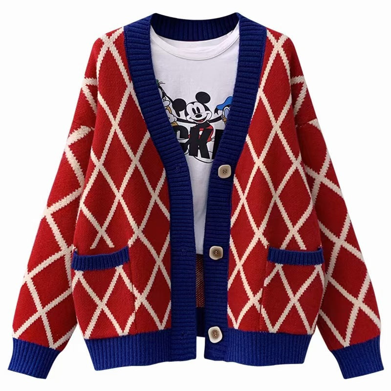Ladies chunky knit checked pattern cardigan Lune London
