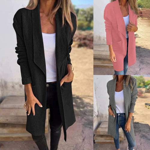 Ladies Long Casual Open Cut Jacket with Practical Pockets Lune London