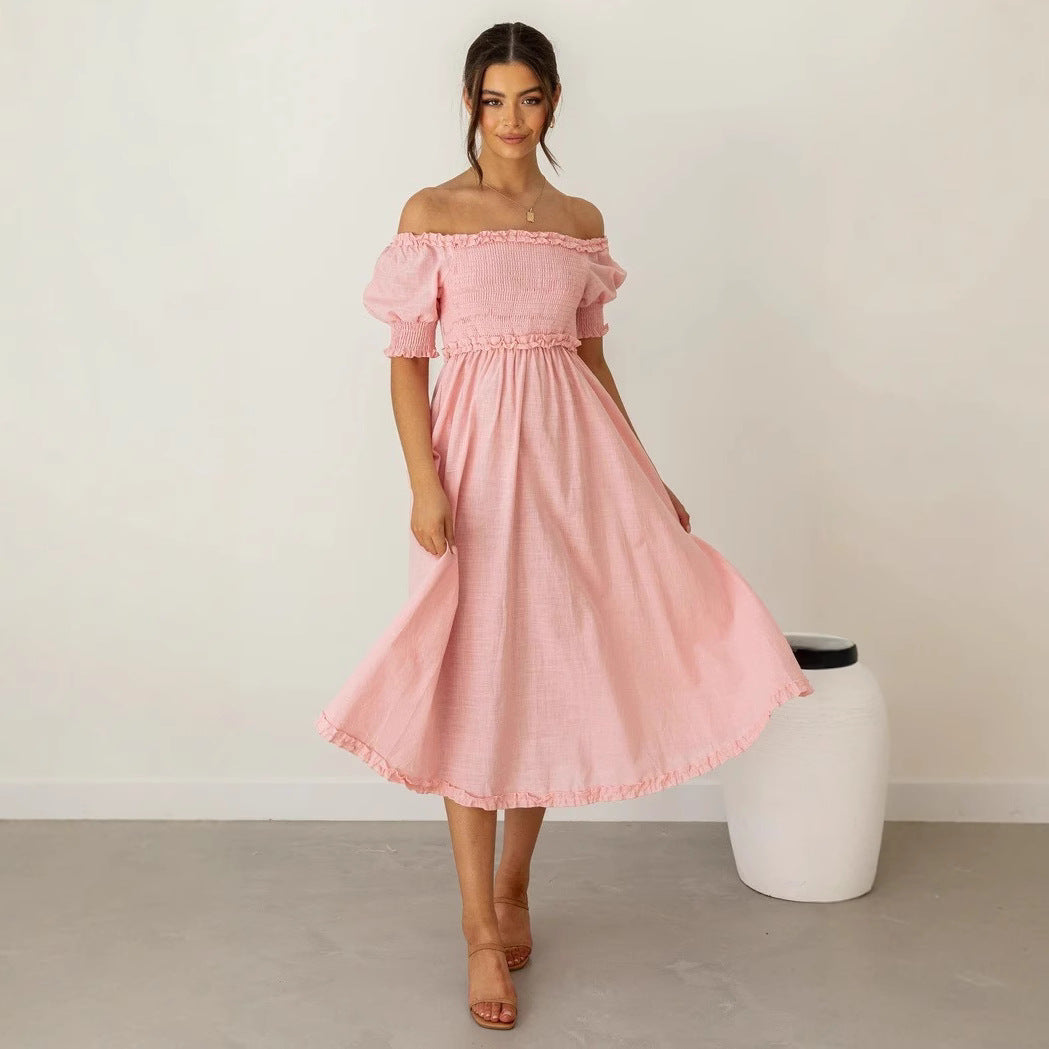 Women's Off-Shoulder Midi Dress with Airy Silhouette and Ruffle Details Lune London