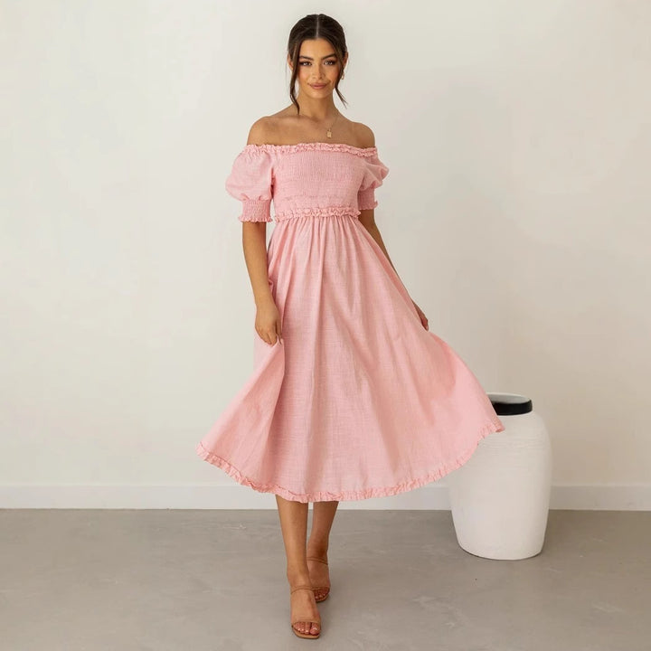 Women's Off-Shoulder Midi Dress with Airy Silhouette and Ruffle Details Lune London