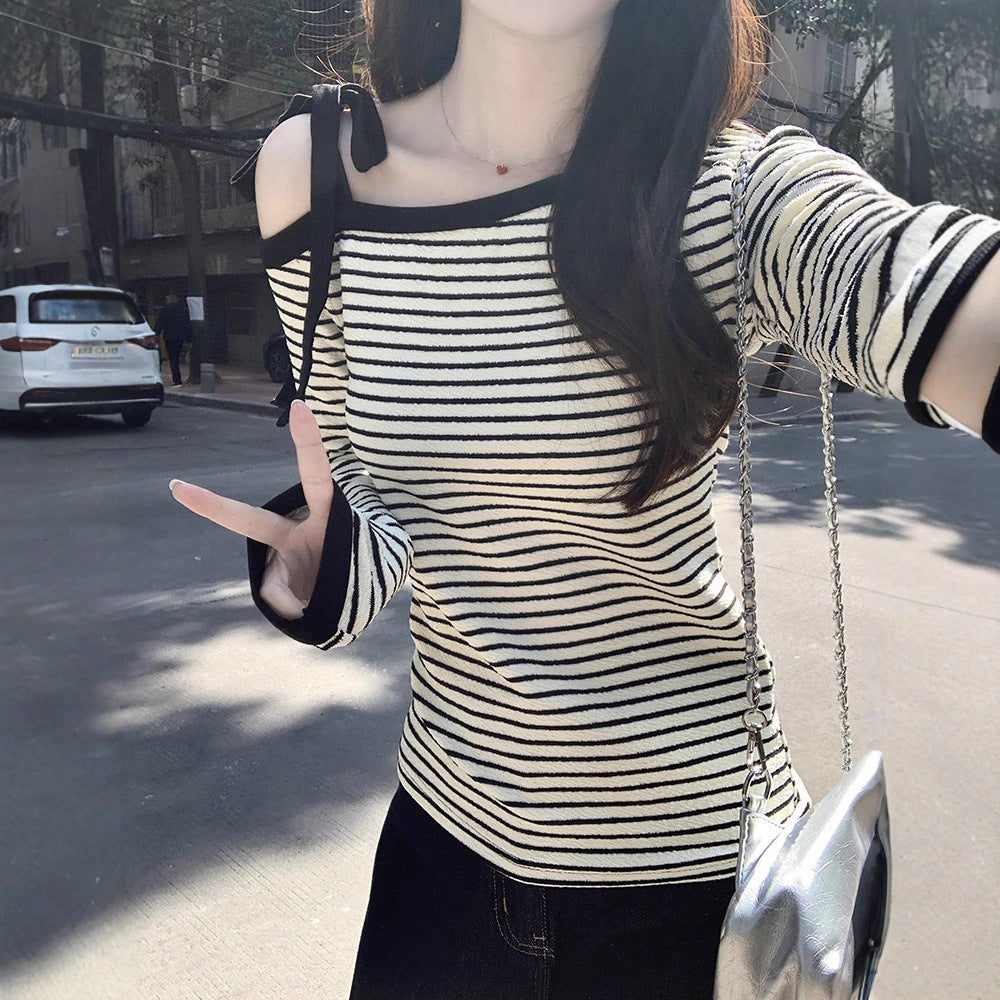 Women's Off-Shoulder Long Sleeve Shirt with Playful Tying Details