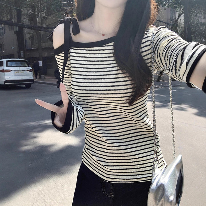 Women's Off-Shoulder Long Sleeve Shirt with Playful Tying Details