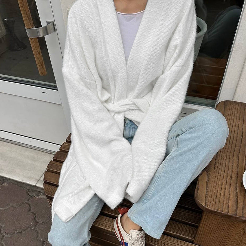 Ladies Cozy Cardigan with Wide Sleeves and Tie Belt Lune London