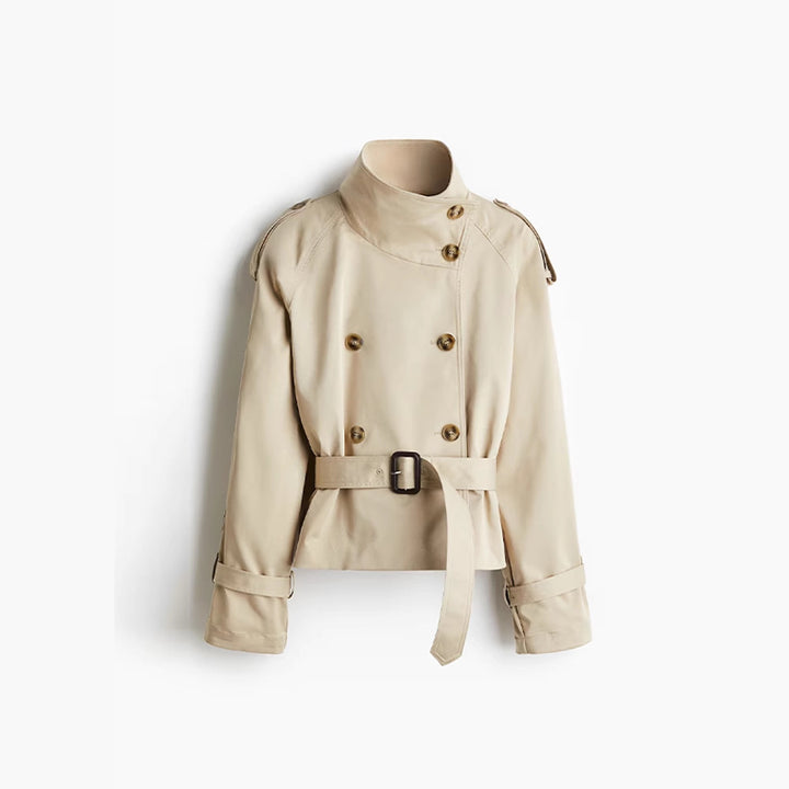 Ladies trendy short jacket in modern trench-coat style with wide collar and belt at the waist Lune London