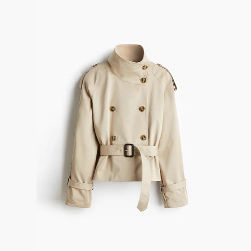 Ladies trendy short jacket in modern trench-coat style with wide collar and belt at the waist Lune London