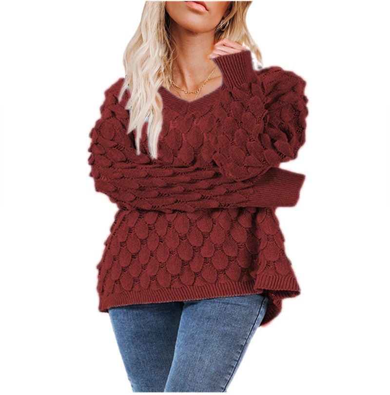 Pull en maille épaisse pour femmes avec motif ondulé sculptural et col en V Chic & Stil
