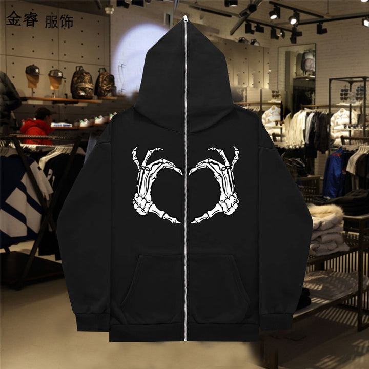 Hooded jacket for ladies with striking skeleton pattern Lune London