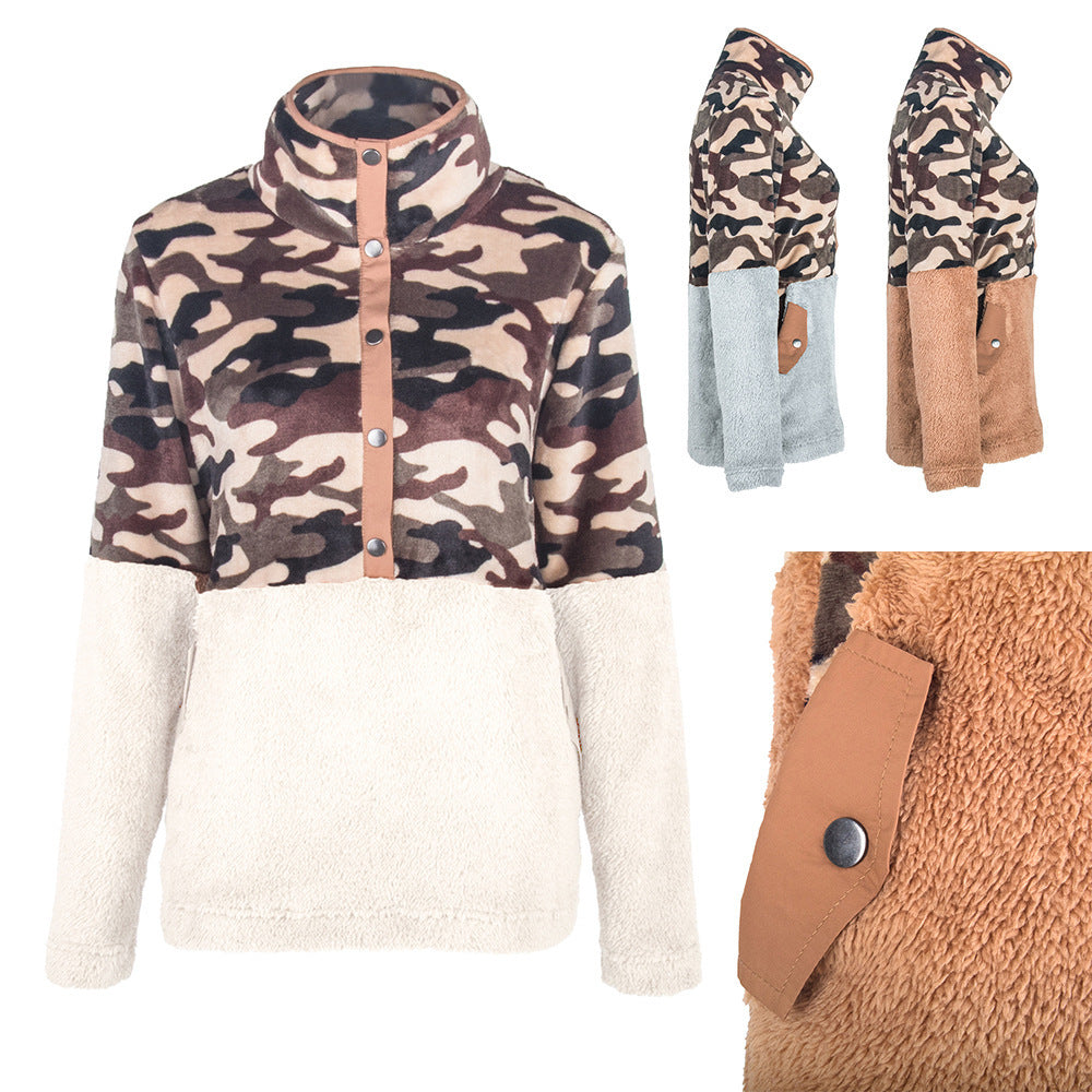 Warm fleece jacket for women with a camouflage design and high collar Lune London