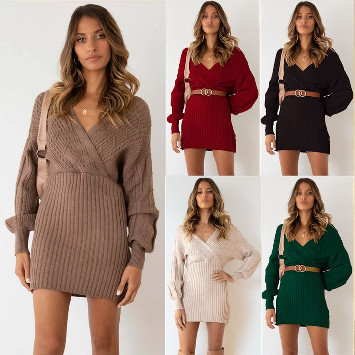 Women’s sweater dress with deep V-neck and structured knit pattern Lune London