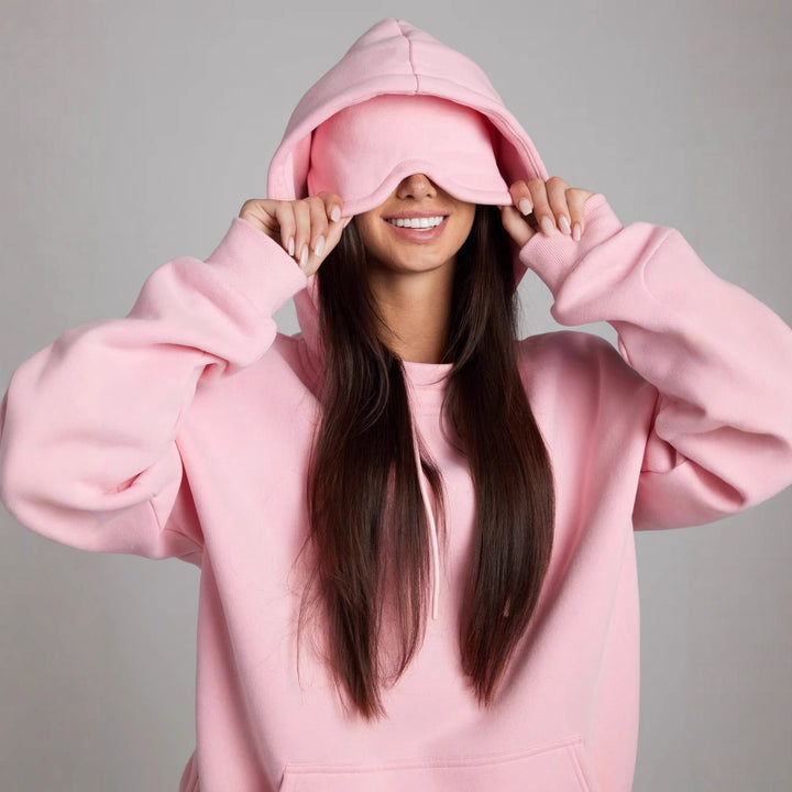 Ladies hoodie with integrated sleep mask design and soft interior Lune London