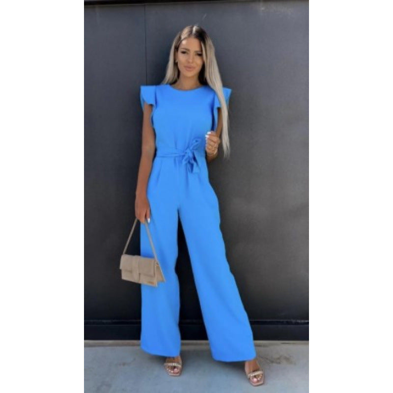 Women Fluid Wide Leg Jumpsuit with Ruffled Sleeves Lune London