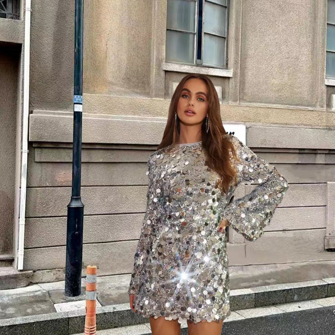 Women's Sparkling Sequin Cocktail Dress with Flared Sleeves Lune London
