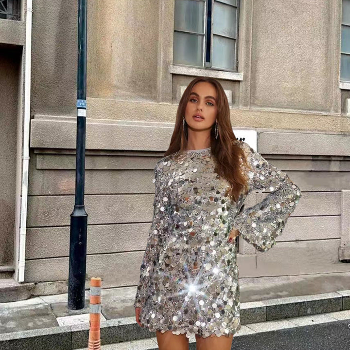 Women's Sparkling Sequin Cocktail Dress with Flared Sleeves Lune London
