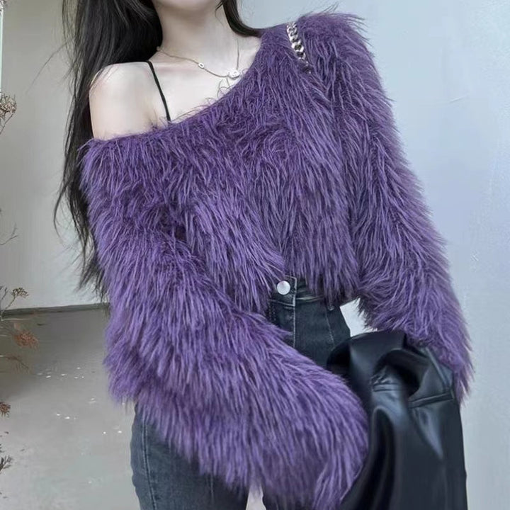 Ladies boucle wool sweater with off-the-shoulder and long sleeves Lune London