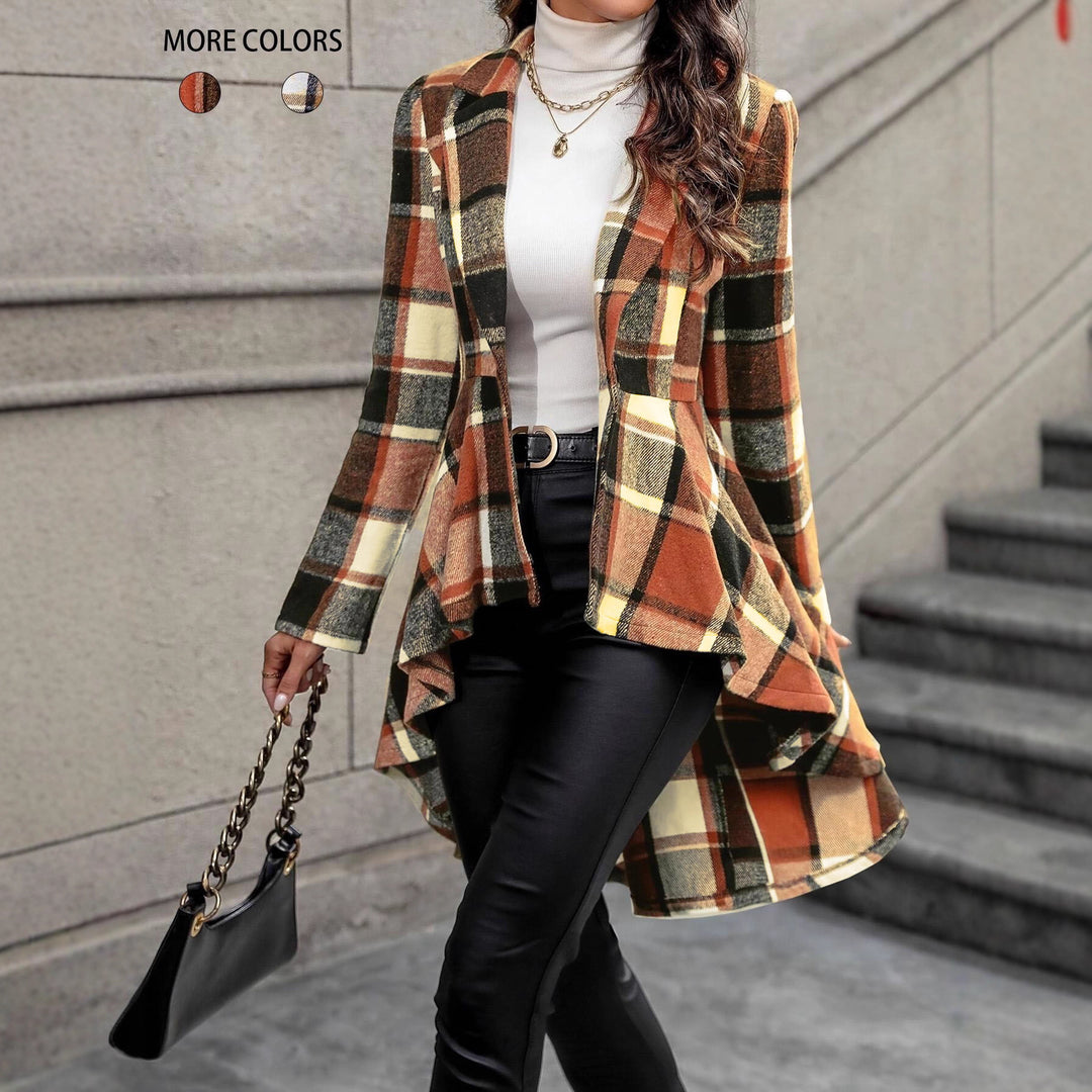 Women Elegant and Flowing Plaid Jacket with Asymmetrical Hem Lune London