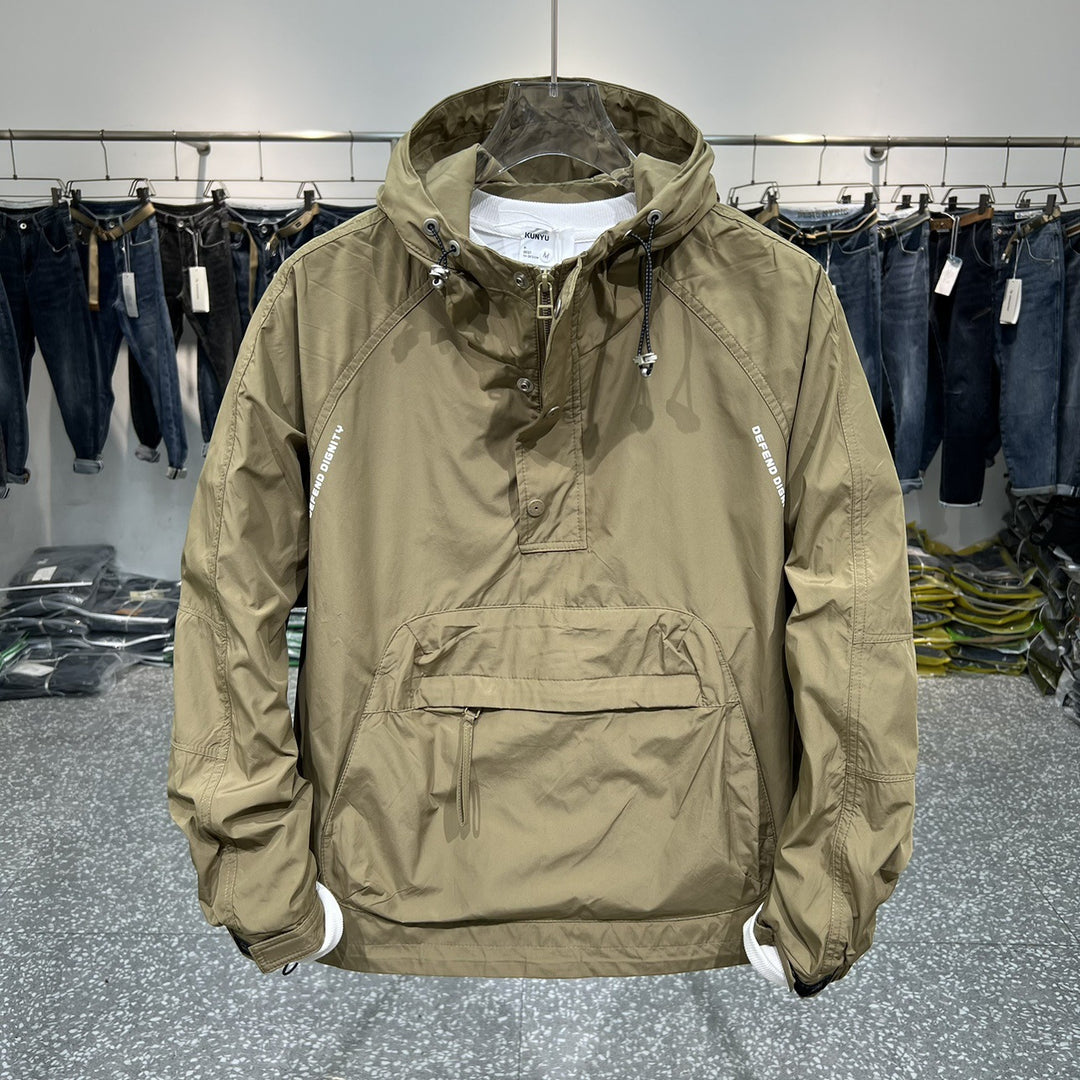 Functional outdoor jacket for men with high collar and practical pockets Lune London