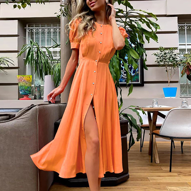 Maxi dress for women with button closure, puff sleeves and side slit Lune London