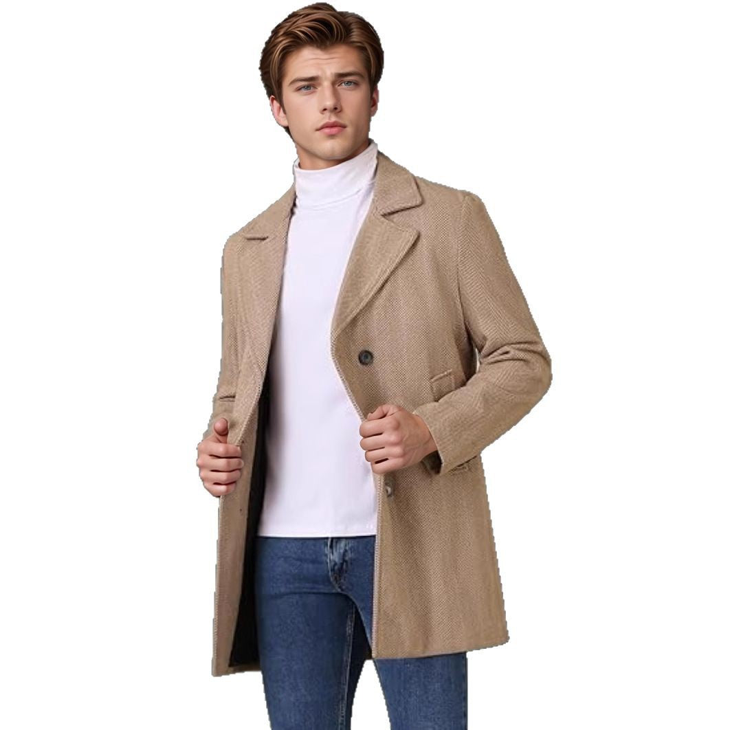 Men's Elegant Double-Breasted Coat with Textured Herringbone Pattern Chic Und Stil