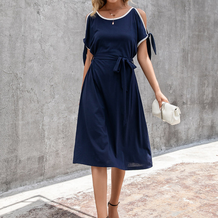 Midi dress woman with bold shoulder details and an adjustable belt Lune London