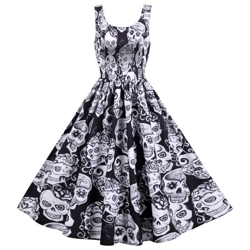 Robe A-Ligne Rétro pour Femme avec Design de Crâne et Jupe Volumineuse Chic & Stil