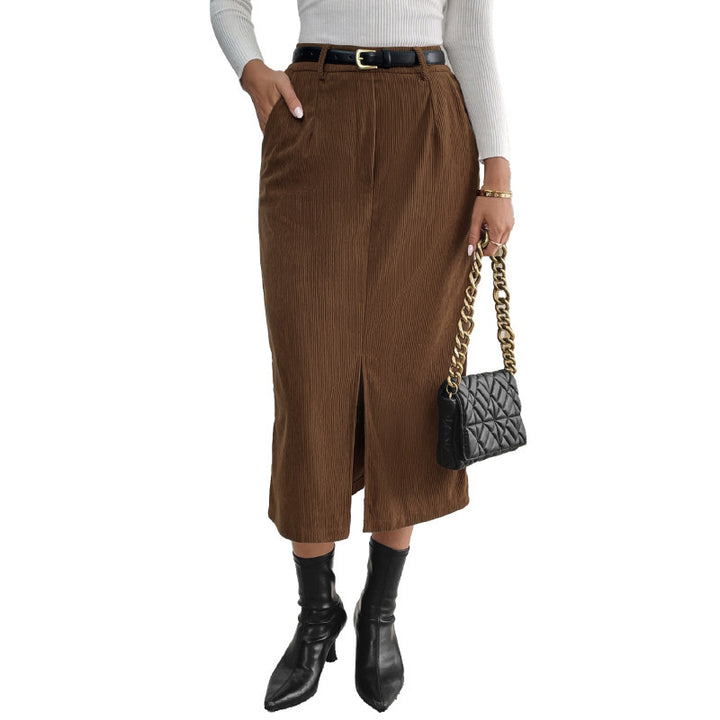 Lune London women's ribbed midi skirt with front slit